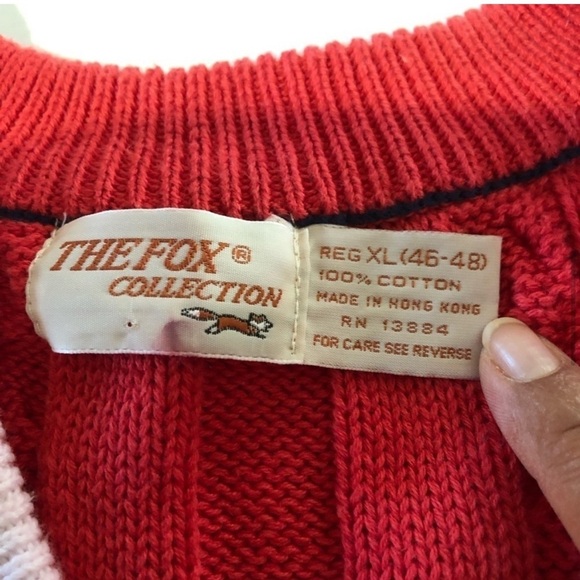 Vintage THE FOX Collection V-neck knit sweater long sleeve cotton red,white - Picture 8 of 16